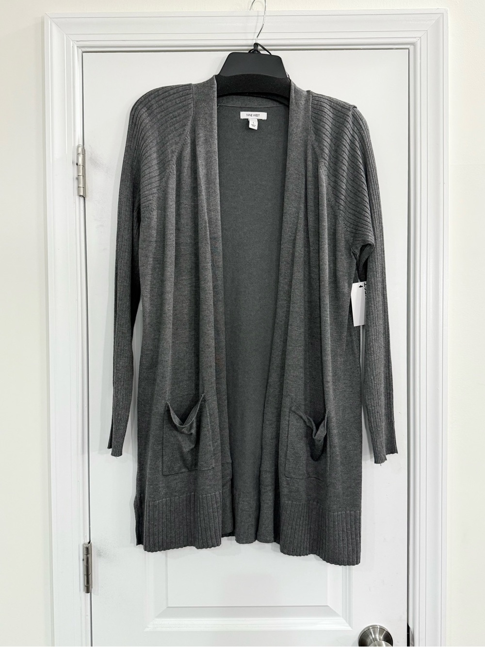 Nine West Gray Open Front Long Cardigan Sweater Women’s L NWT Office